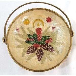 Christmas Holly Berries Brass Basket Enameled Handled Bowl Decor EUC
